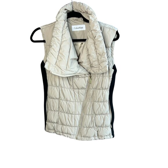 Calvin Klein Puffer Vest Funnel Neck Side Zipper Tan Black Sides Size Small - Picture 3 of 10